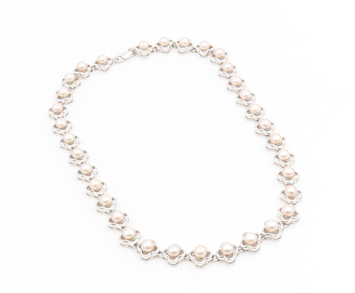 925 Sterling Silver Vintage Necklace Round Pearl Elegant Floral Chain  NE4810