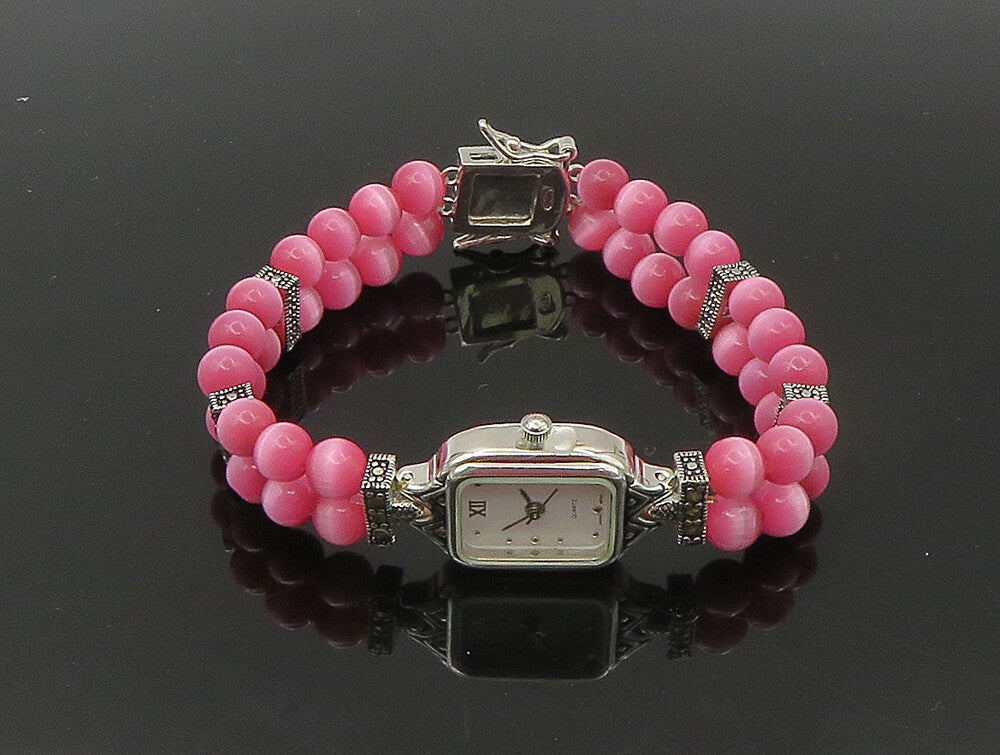 925 Sterling Silver  Beaded Cat's Eye & Marcasite Watch Bracelet  BT1022