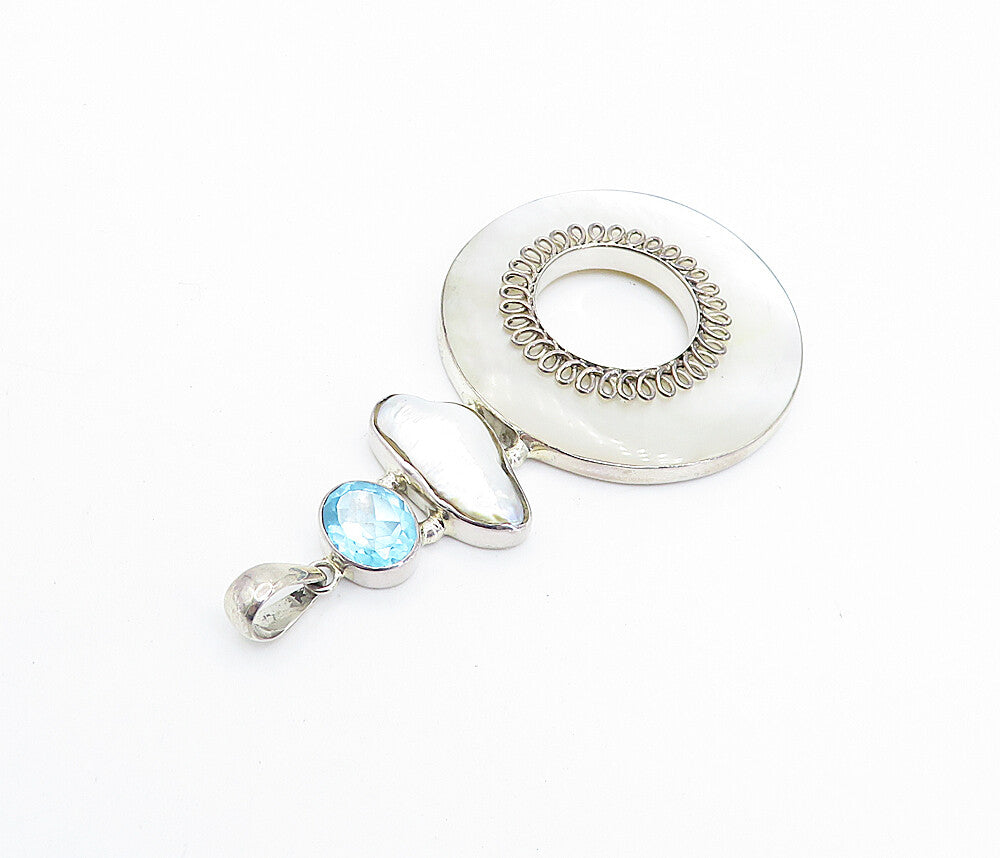 925 Sterling Silver  Vintage Pearl Mother Of Pearl & Topaz Pendant  PT5776