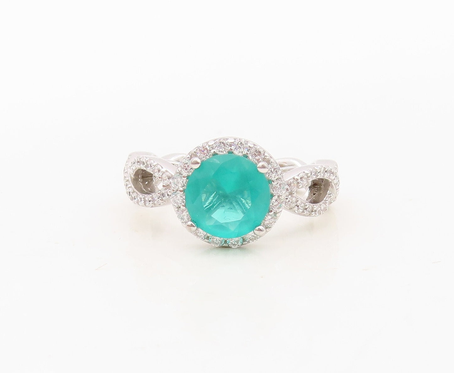 925 Sterling Silver Vintage Ring Designer Round Sea Green White CZ Sz 7 RG30368