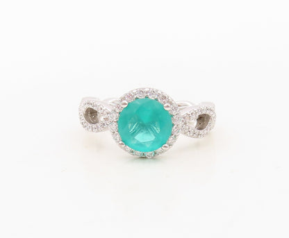 925 Sterling Silver Vintage Ring Designer Round Sea Green White CZ Sz 7 RG30368