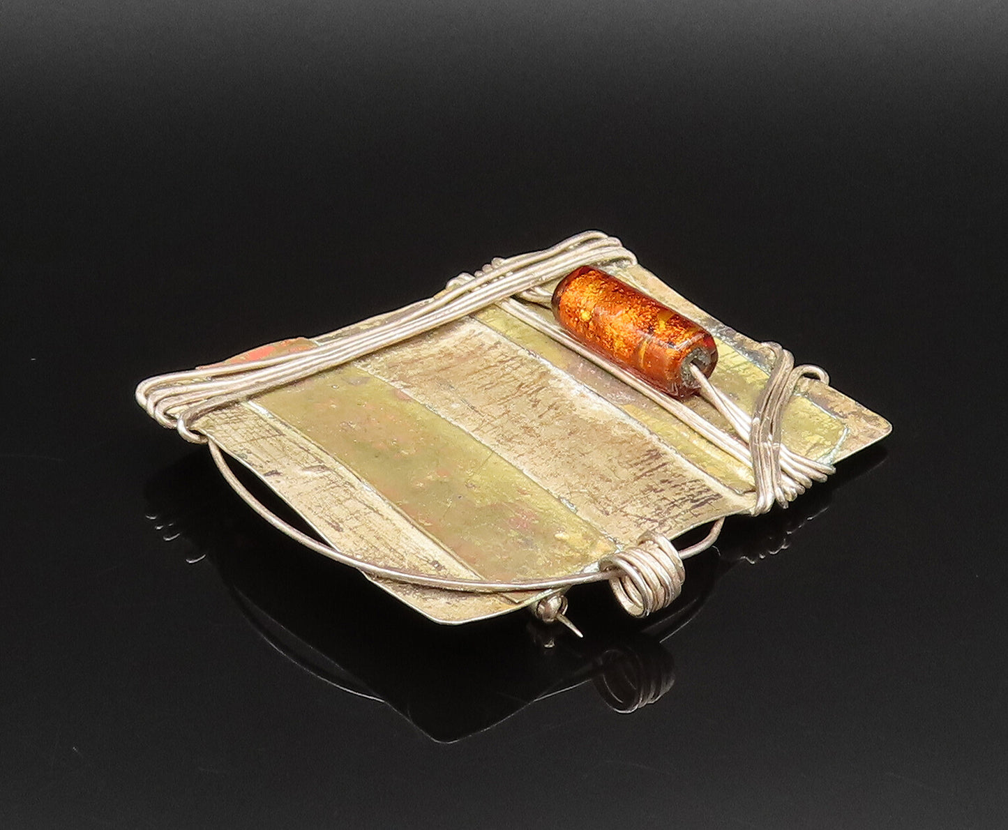 925 Sterling Silver  Vintage Wire Wrapped Modernist Amber Brooch Pin  BP9784