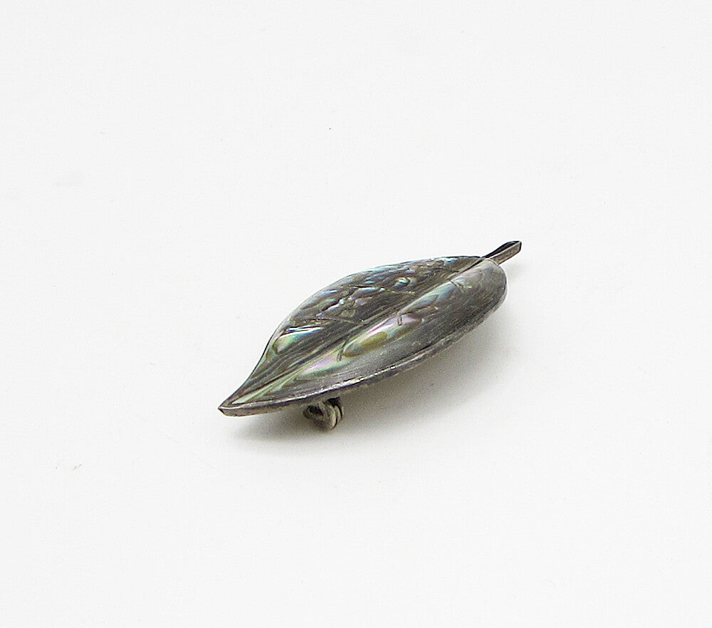 MEXICO 925 Silver  Vintage Mother Of Pearl Floral Leaf Brooch Pin  BP1035