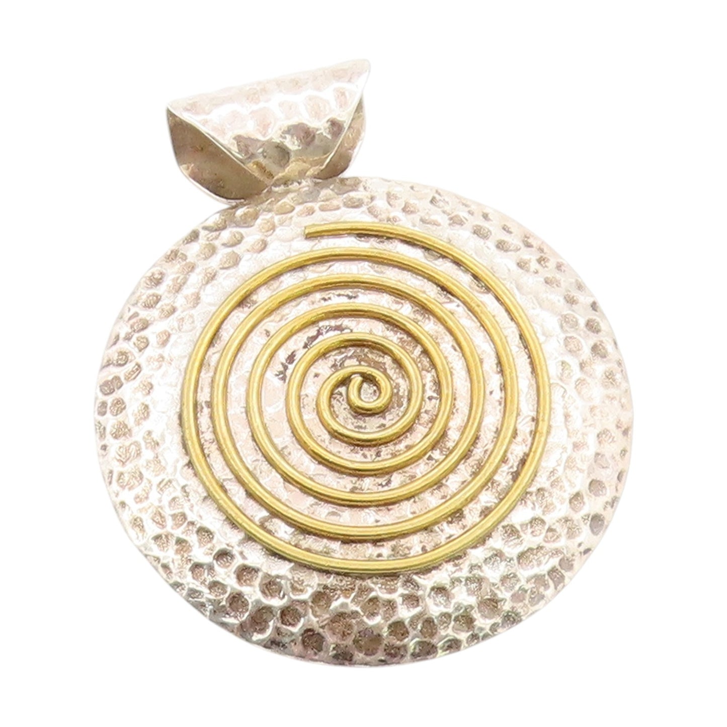 925 Sterling Silver Vintage Pendant Two Tone Hammered Modernist Spiral  PT25097