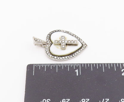925 Sterling Silver Vintage Pendant Mother Of Pearl Love Heart & Cross  PT26413