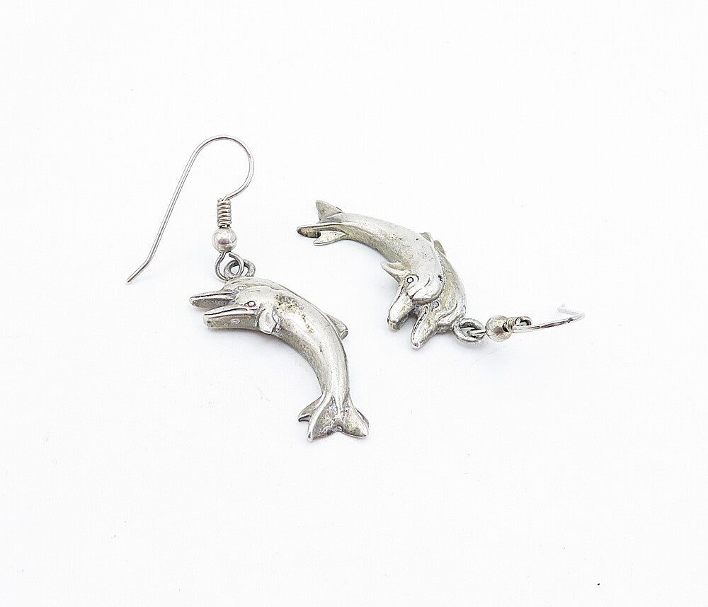 925 Sterling Silver  Vintage Dark Tone Leaping Dolphin Dangle Earrings  EG2826
