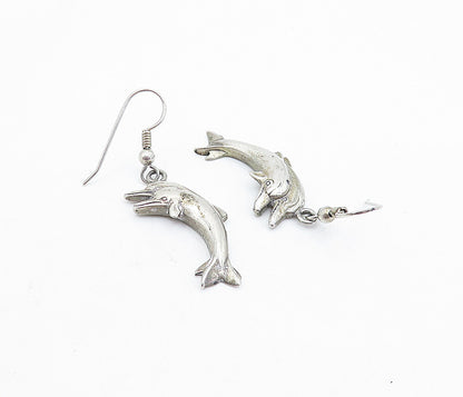 925 Sterling Silver  Vintage Dark Tone Leaping Dolphin Dangle Earrings  EG2826