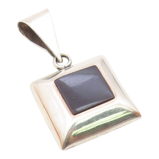 MEXICO 925 Sterling Silver  Vintage Black Onyx Square Dome Pendant  PT10450