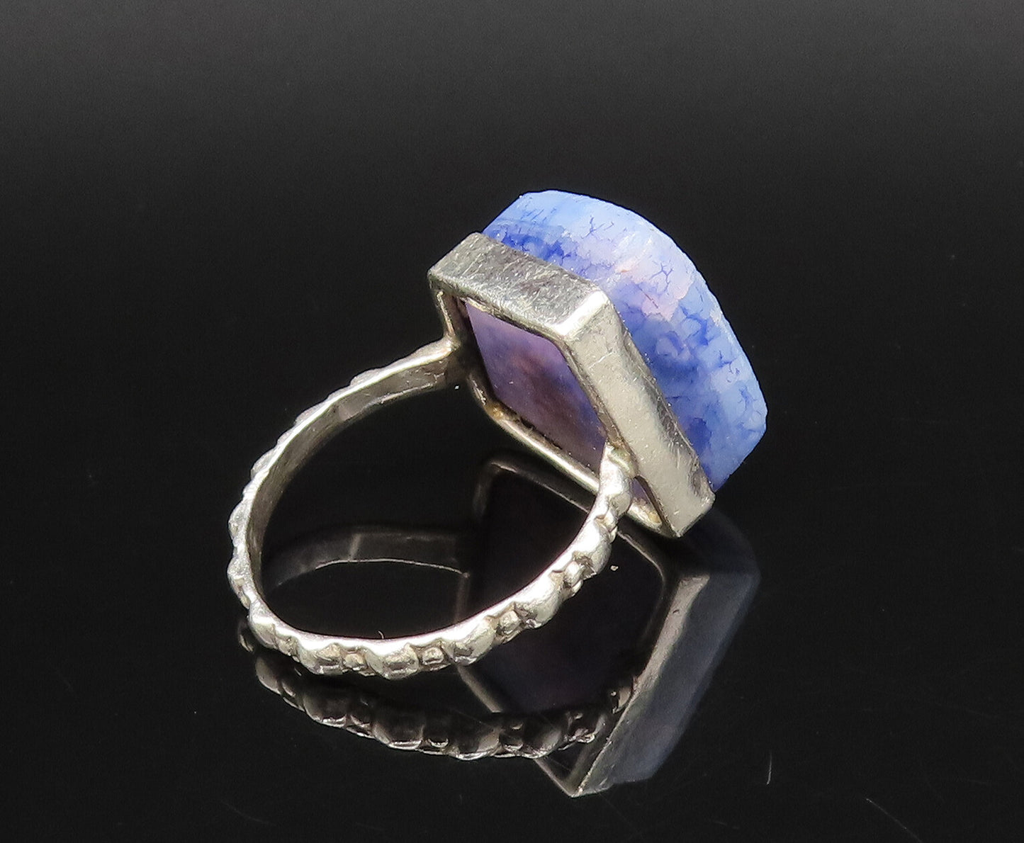 925 Silver  Vintage Cabochon Drusy Quartz & Pattern Band Ring Sz 8  RG26101