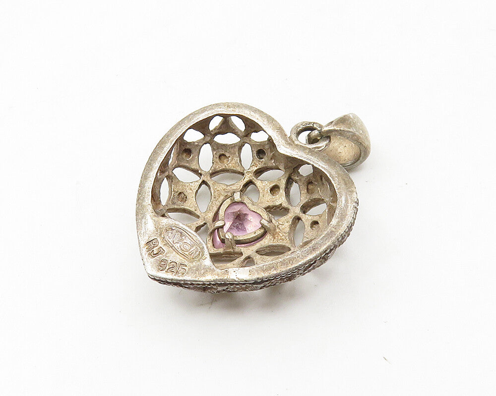 925 Sterling Silver  Vintage Pink Topaz Love Heart Dome Pendant  PT14205