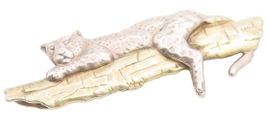 925 Sterling Silver Vintage Brooch Pin Two Tone Leopard On Tree Branch  BP12270
