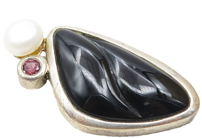925 Sterling Silver  Vintage Black Onyx Pearl & Amethyst Drop Pendant  PT7611