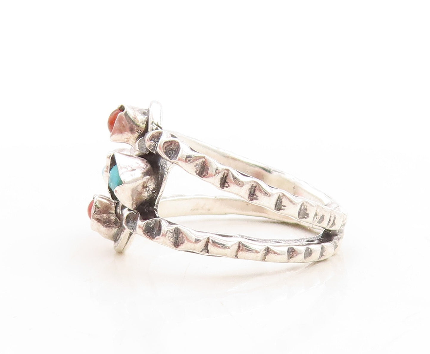 925 Sterling Silver Vintage Ring Brutalist Cutout Turquoise Inlay Sz 10  RG31637
