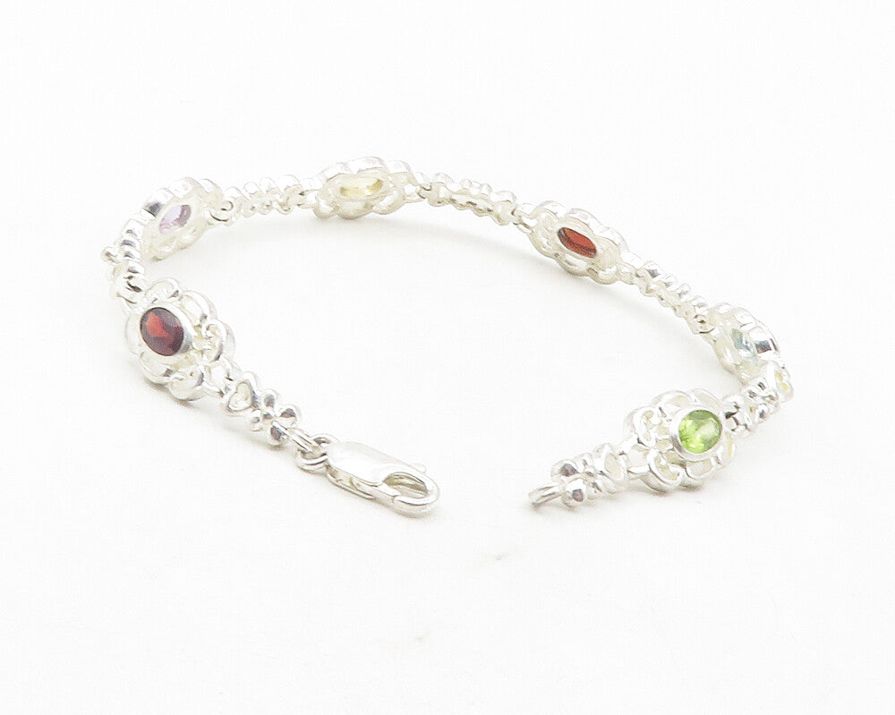925 Sterling Silver  Peridot Amethyst Garnet & Topaz Chain Bracelet  BT4749