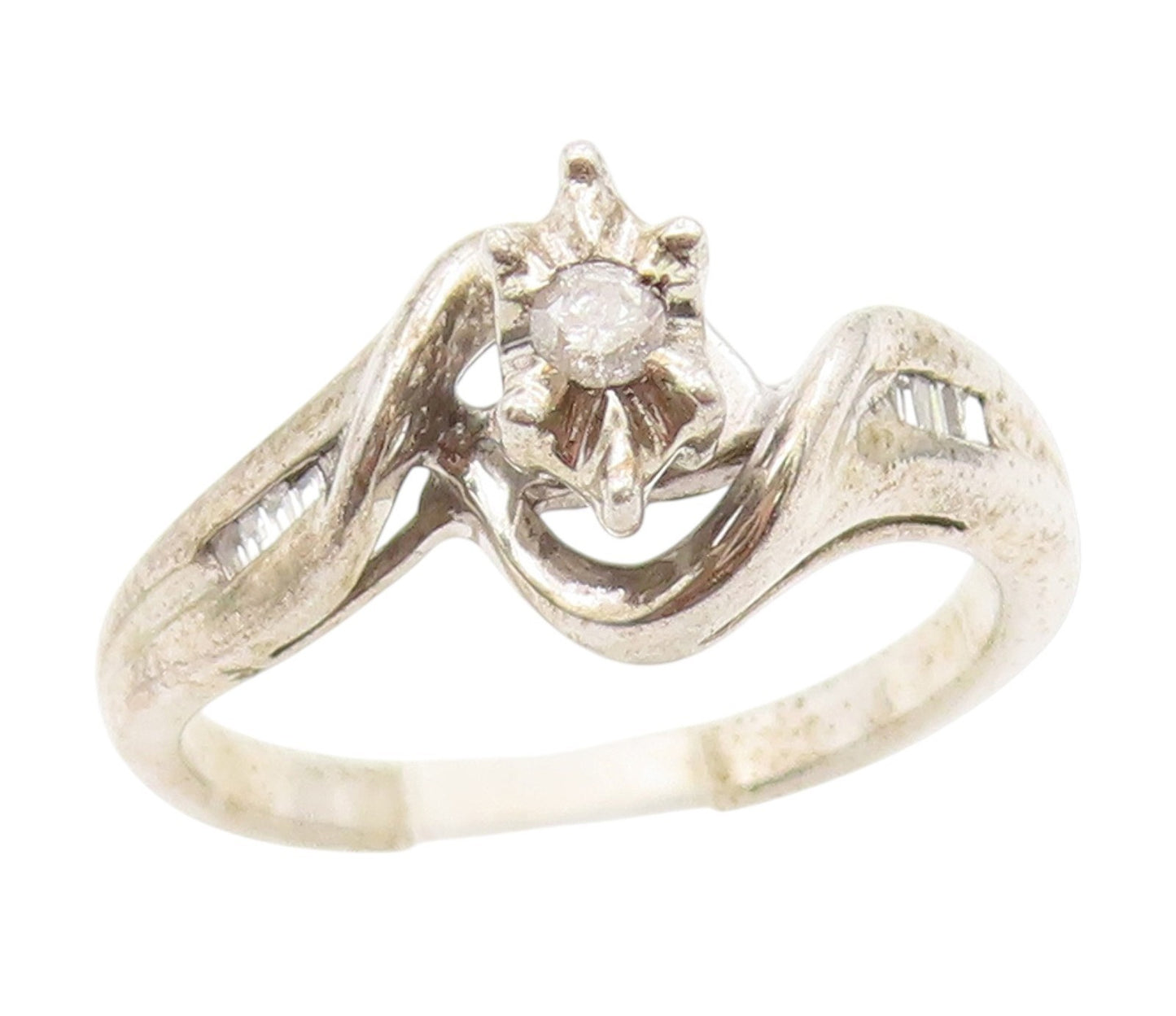 925 Sterling Silver Vintage Ring Genuine Diamonds Bypass Band  Sz 5.5  RG34318