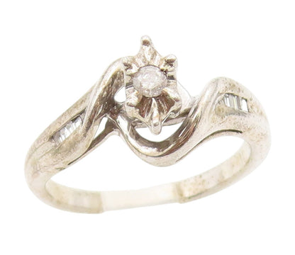925 Sterling Silver Vintage Ring Genuine Diamonds Bypass Band  Sz 5.5  RG34318