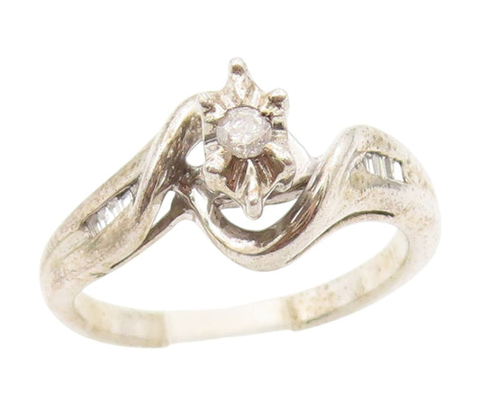 925 Sterling Silver Vintage Ring Genuine Diamonds Bypass Band  Sz 5.5  RG34318
