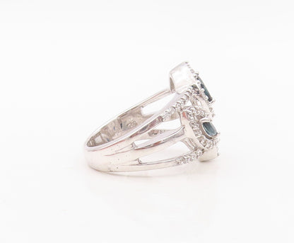925 Sterling Silver Vintage Ring Modernist Floral Cut Sapphire & CZ Sz 7 RG30134