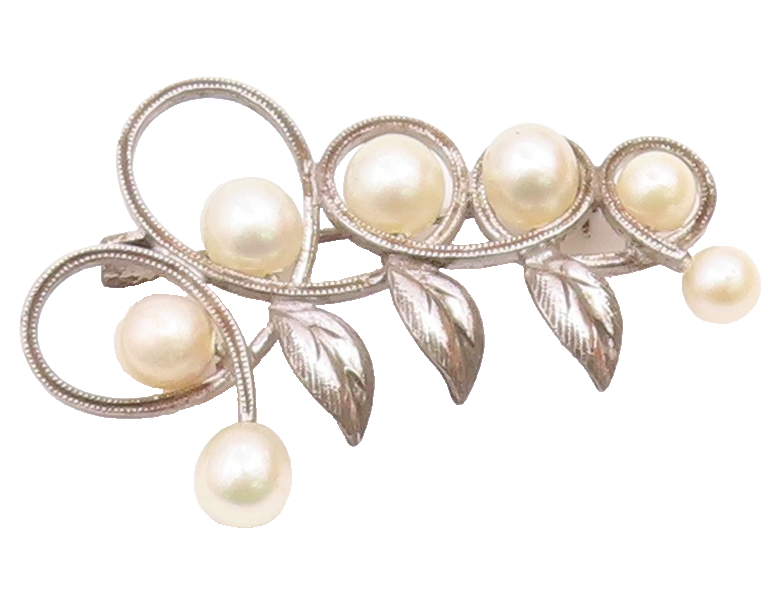 925 Sterling Silver  Vintage Shiny Pearls Floral Leaf Vine Brooch Pin  BP7835