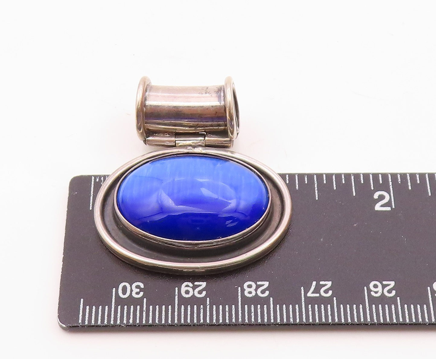 925 Sterling Silver  Vintage Blue Cat's Eye Stone Oval Slide Pendant  PT10311
