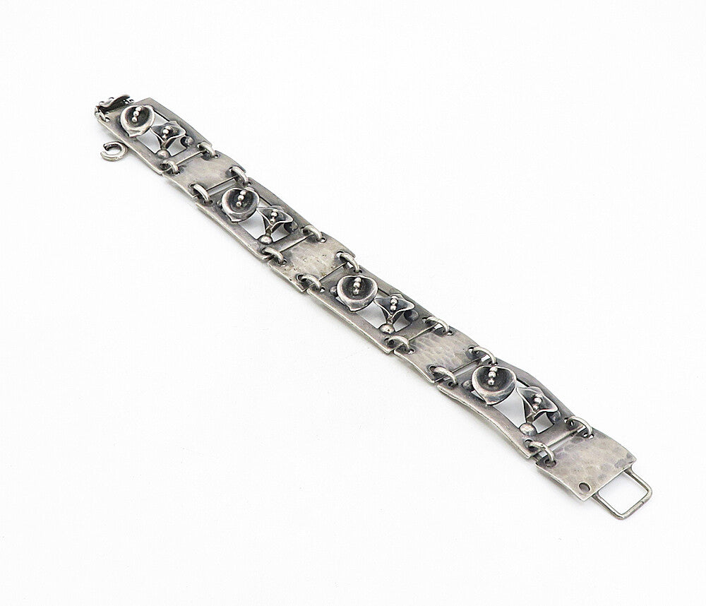 925 Sterling Silver Vintage Oxidized Flower Square Link Chain Bracelet BT3781