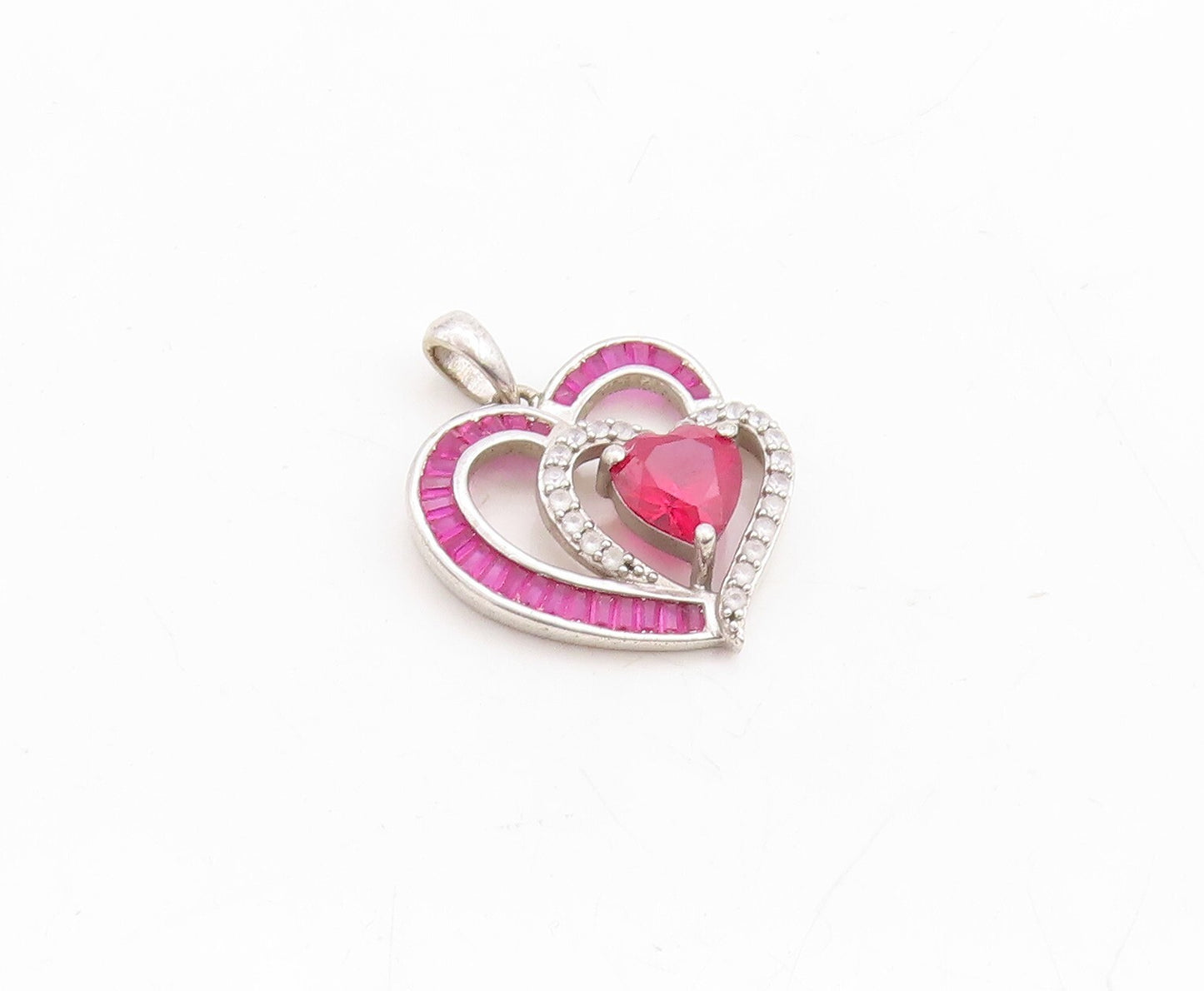 925 Sterling Silver Vintage Pendant Designer Cut Pink & White CZ Hearts  PT23699