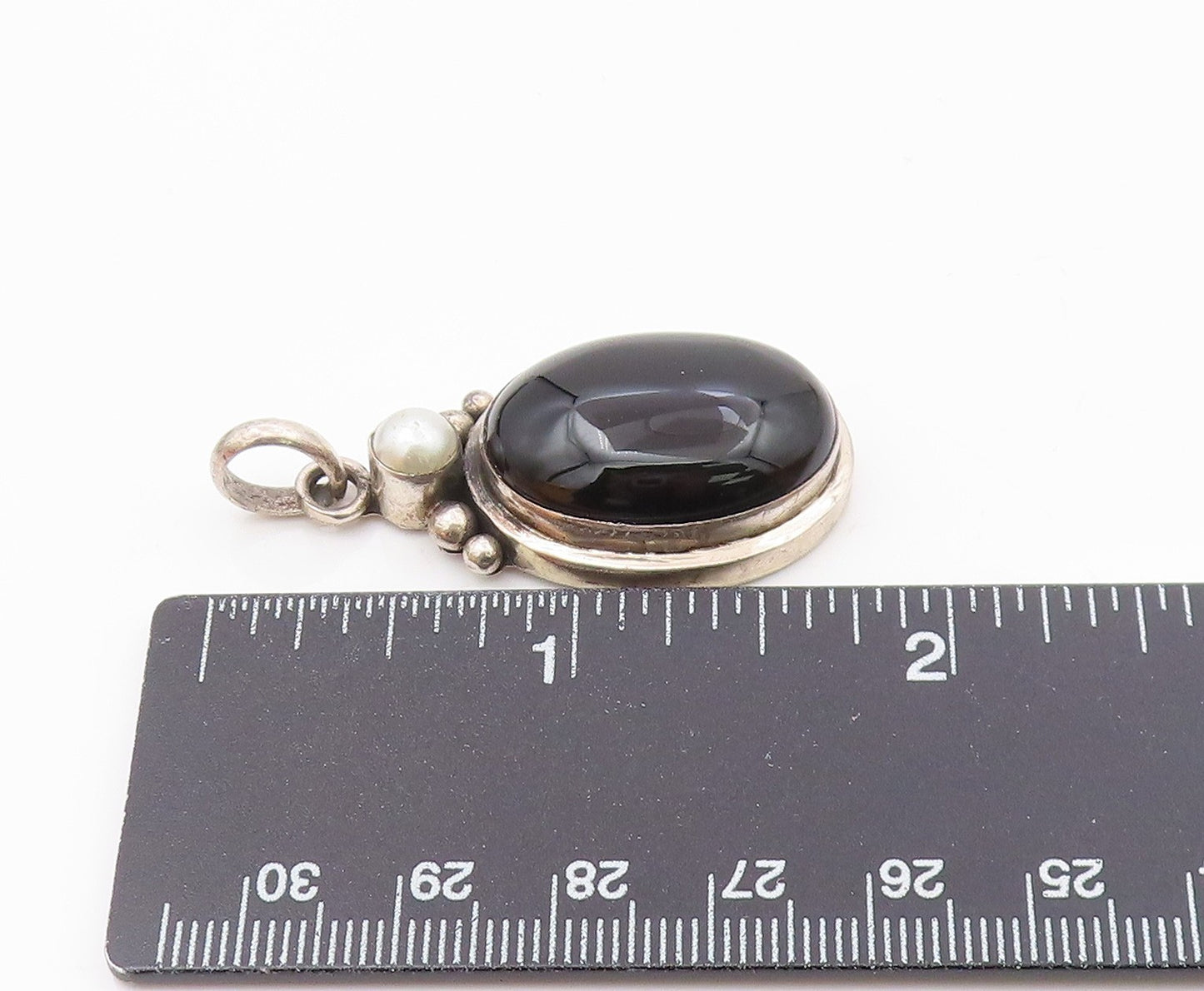 925 Sterling Silver  Vintage Black Onyx & Petite Pearl Drop Pendant  PT14279