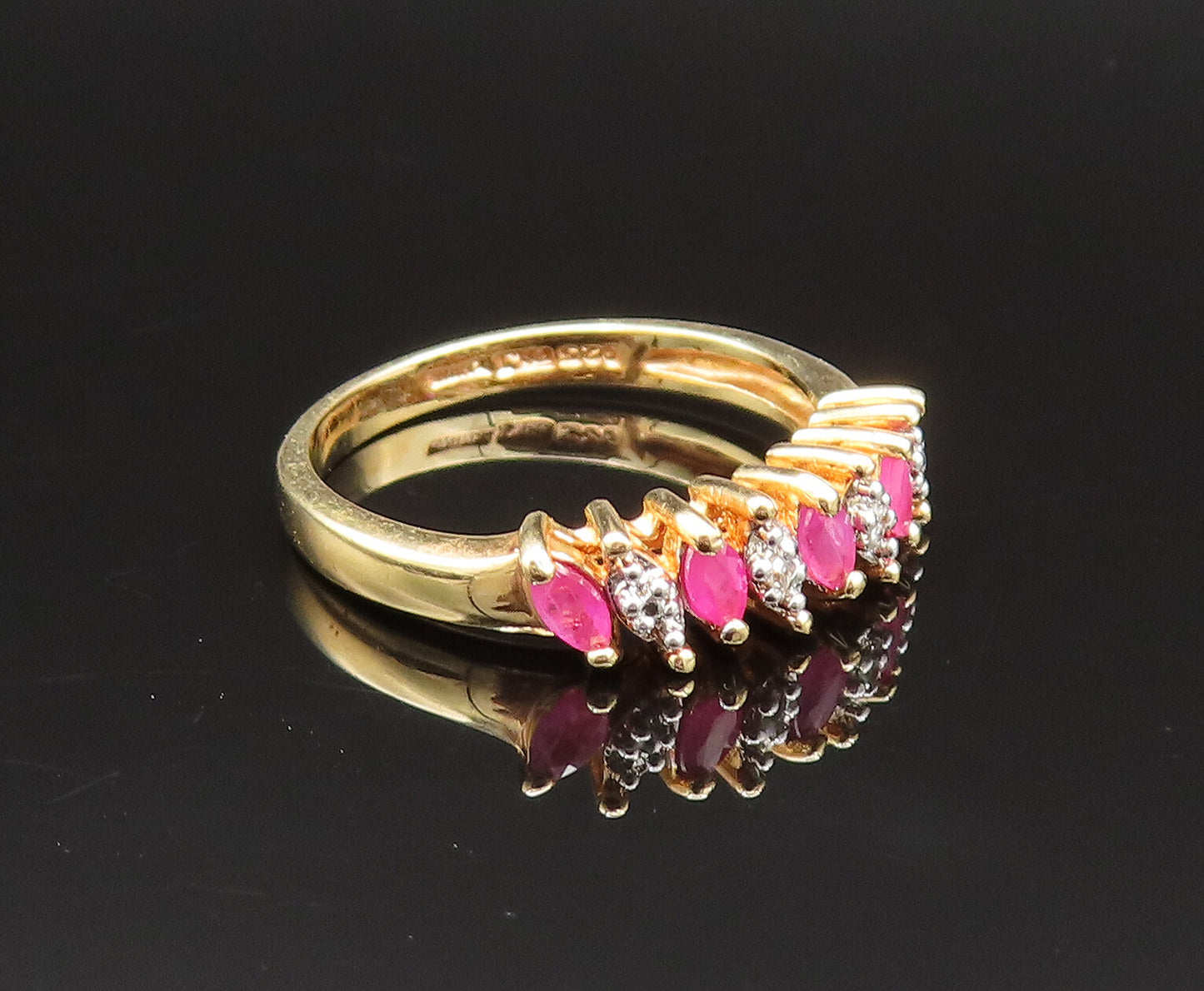 925 Silver  Vintage Gold Plated Marquise Ruby Pattern Ring Sz 8.5  RG25515