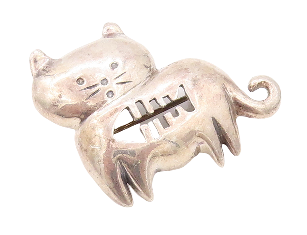 925 Sterling Silver Vintage Brooch Pin BOMA Domed Cat Cut Fish Stomach  BP11159