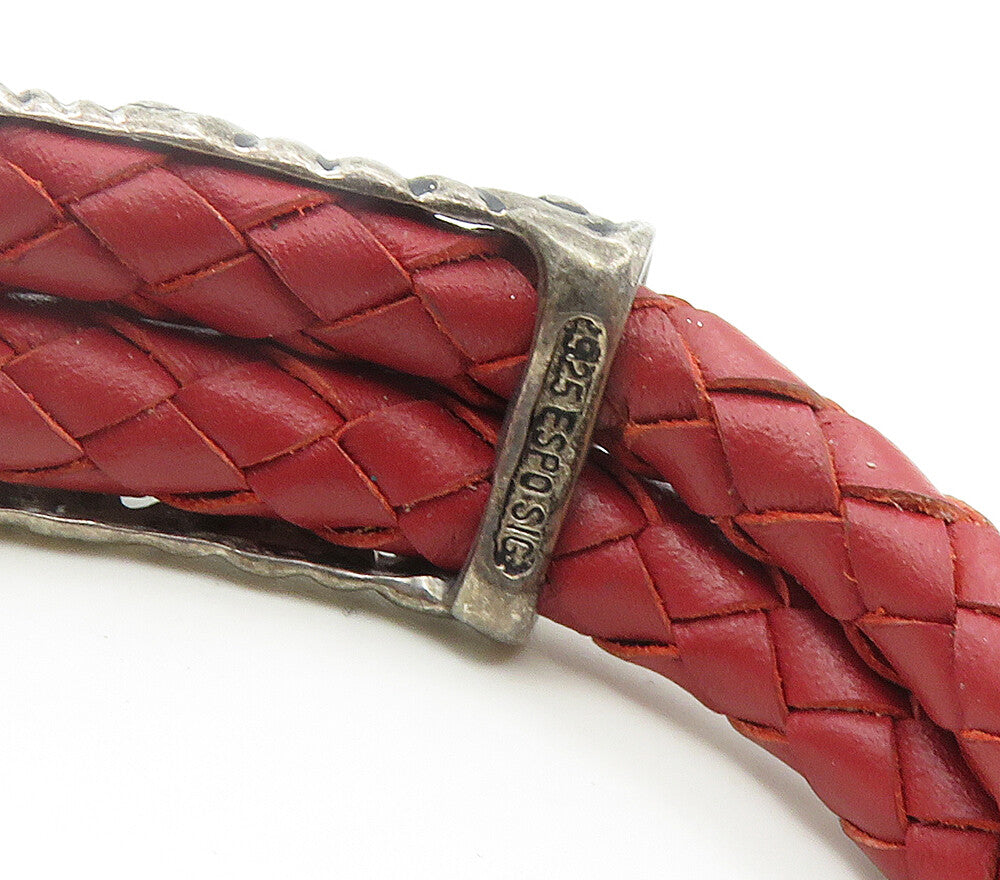 ESPO 925 Silver  Vintage Swirl Detail Red Leather Woven Cuff Bracelet  BT6501