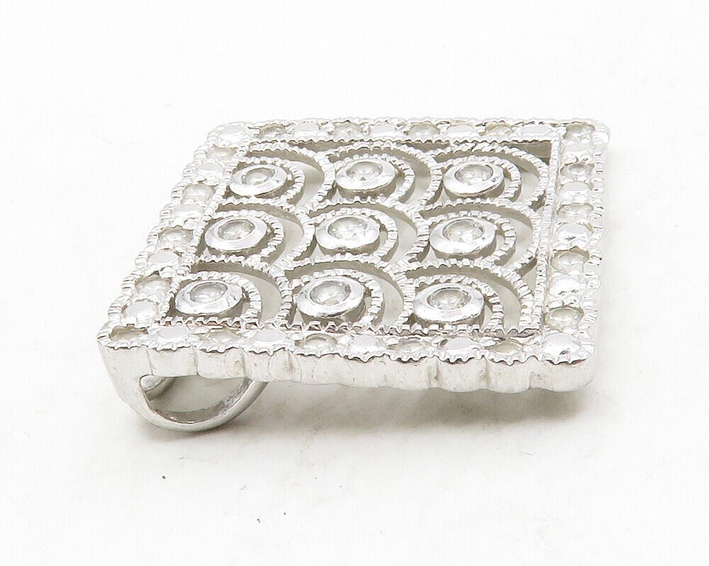 925 Sterling Silver  Shiny White Topaz Square Wavy Border Pendant  PT10218