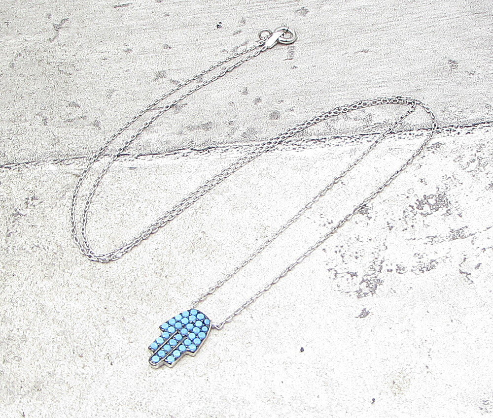 925 Sterling Silver  Turquoise Hamsa Chain Necklace  PT1324
