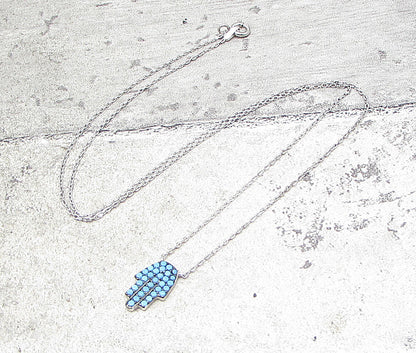 925 Sterling Silver  Turquoise Hamsa Chain Necklace  PT1324
