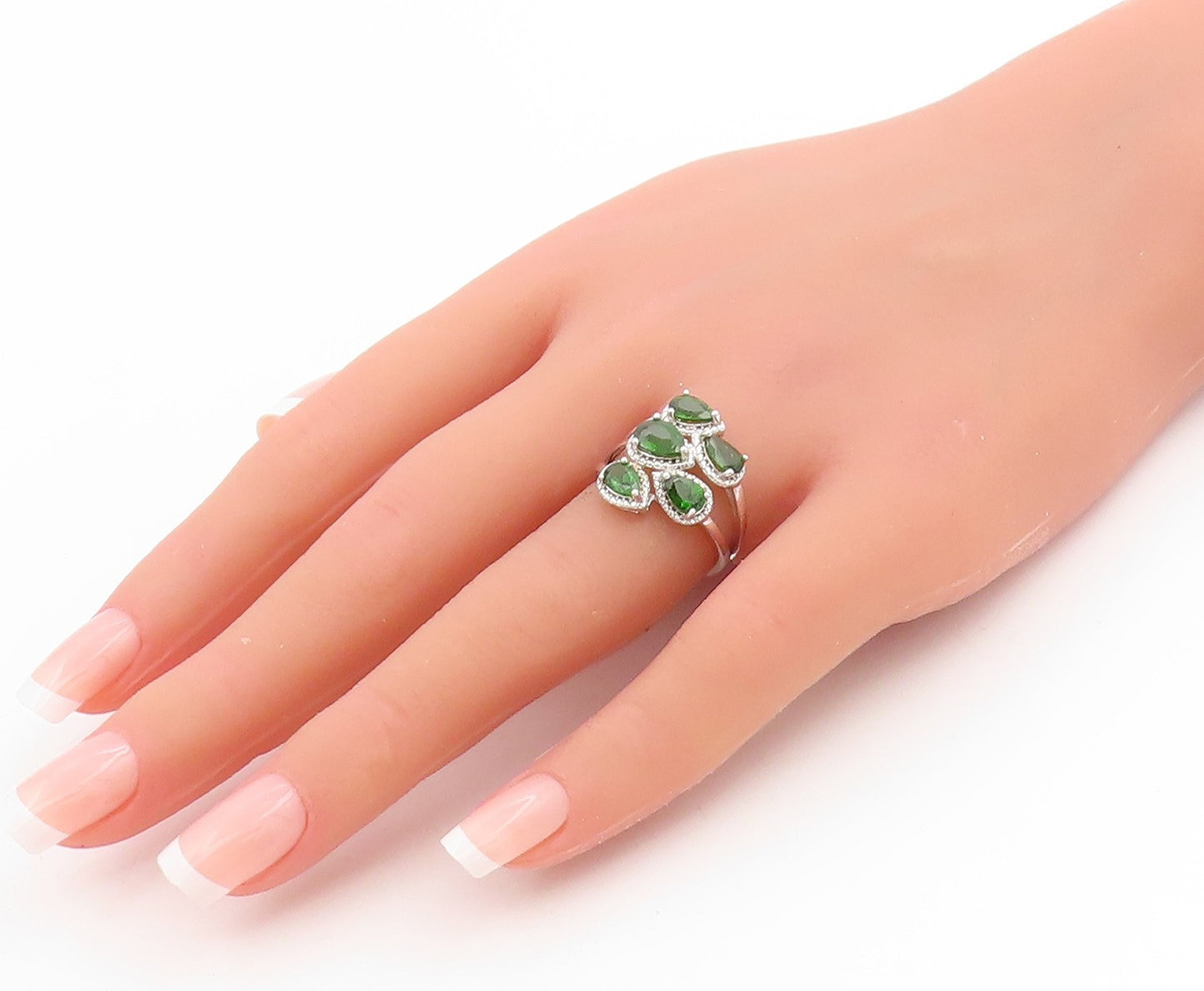 925 Sterling Silver Vintage Ring Pear Cut Green CZ Split Band  Sz 6  RG34032