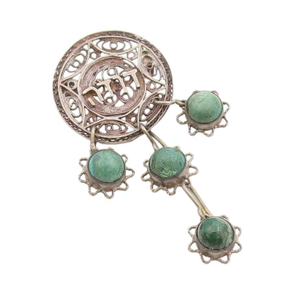925 Sterling Silver Vintage Brooch Cabochon Turquoise Bohemian Dangling  BP12033