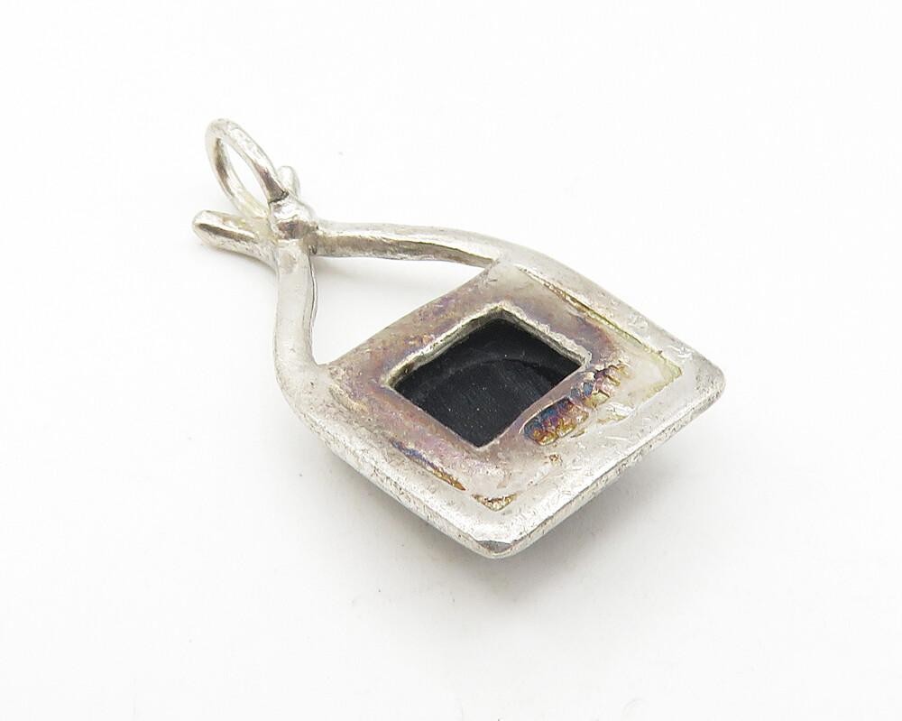 925 Sterling Silver  Vintage Inlaid Black Onyx Square Drop Pendant  PT8994