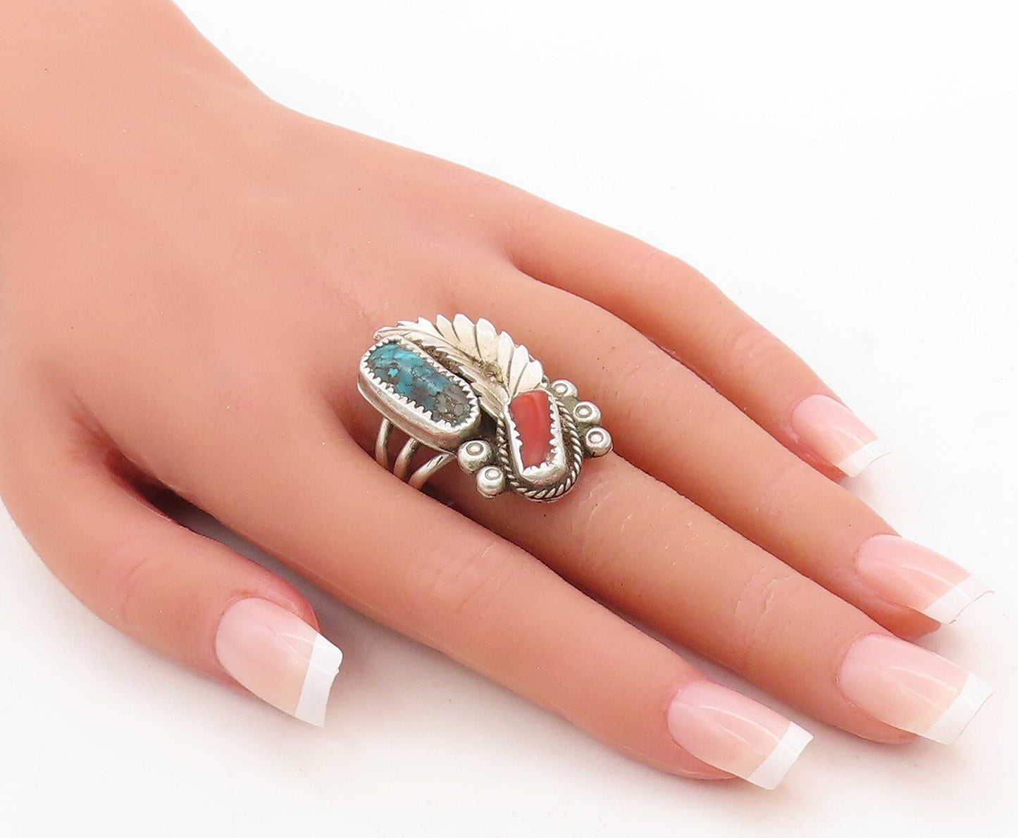 925 Sterling Silver Vintage Ring NAVAJO Turquoise Carnelian Floral Sz 10 RG31655