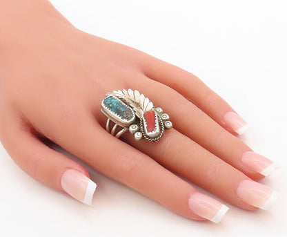 925 Sterling Silver Vintage Ring NAVAJO Turquoise Carnelian Floral Sz 10 RG31655