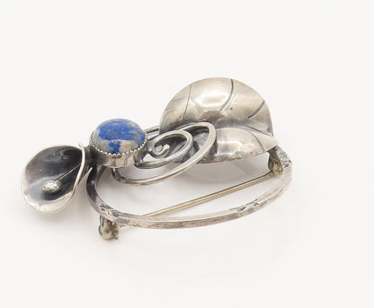 DESIGNER 925 Silver  Vintage Lapis Lazuli Calla Lily Stem Brooch Pin  BP10123