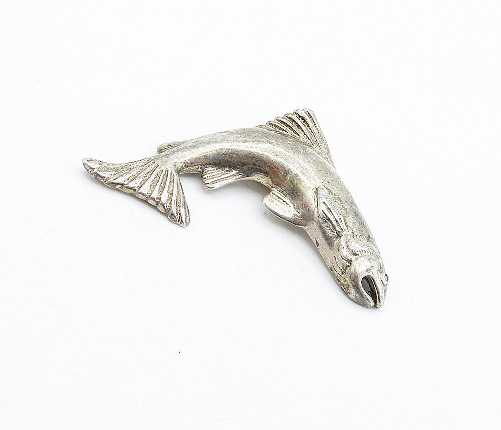 DESIGNER 925 Sterling Silver  Vintage Dark Tone Fish Motif Brooch Pin  BP1715