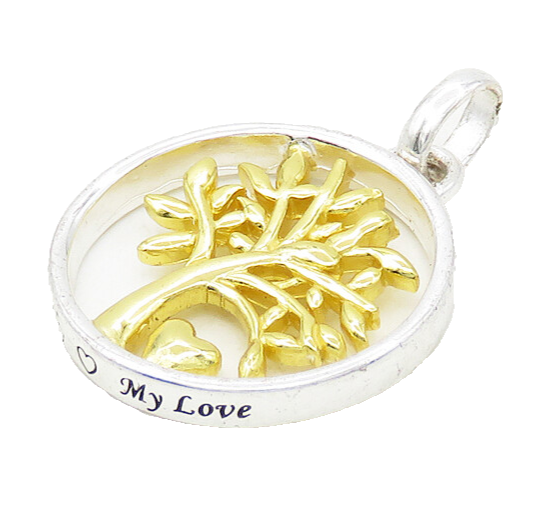 925 Sterling Silver  Shiny Two Tone Tree Of Life Motif Round Pendant  PT14137