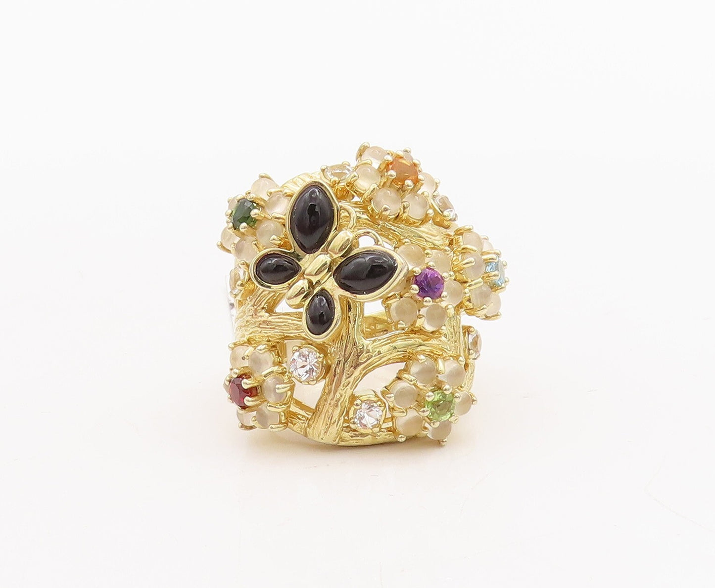 925 Sterling Silver Vintage Ring Gold Plated Floral Inlay Gemstone Sz 7  RG29078
