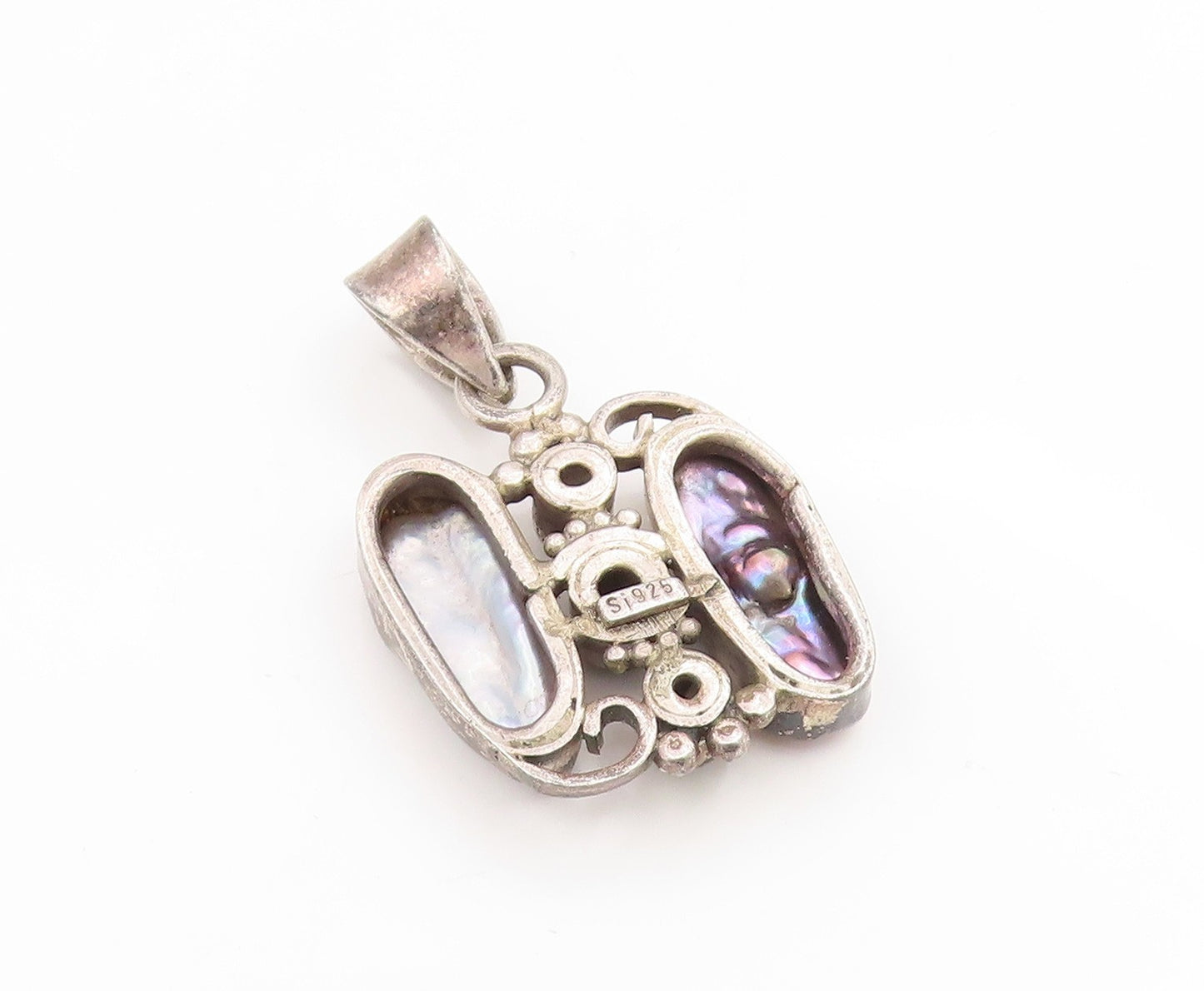 925 Sterling Silver Vintage Pendant Mother Of Pearl & Amethyst Charm  PT25913