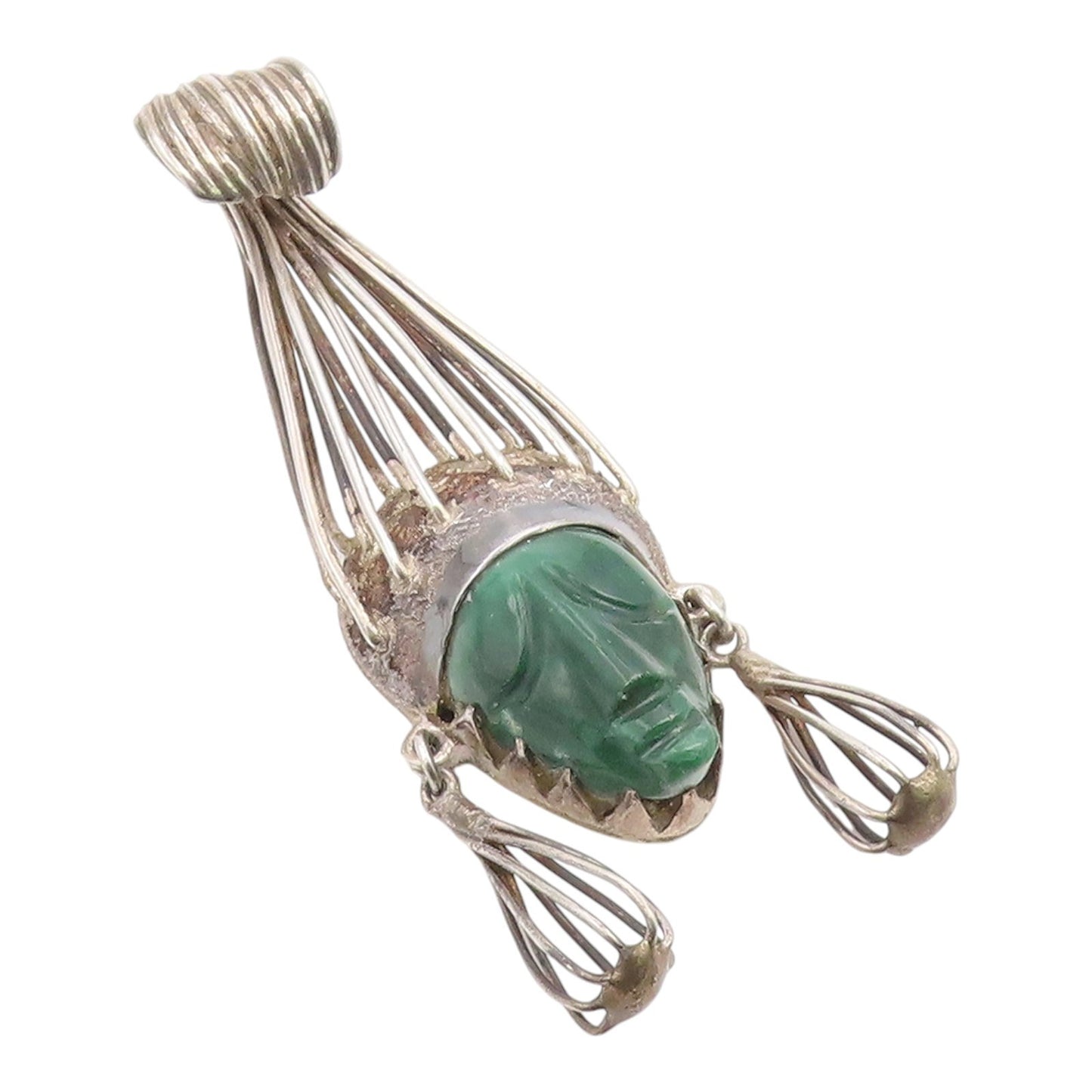 925 Sterling Silver Vintage Pendant TAXCO MEXICO Carved Jade Warrior  PT26046