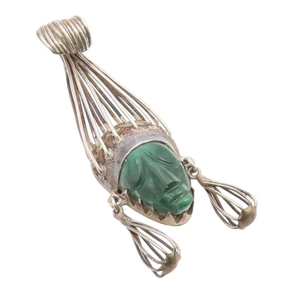925 Sterling Silver Vintage Pendant TAXCO MEXICO Carved Jade Warrior  PT26046