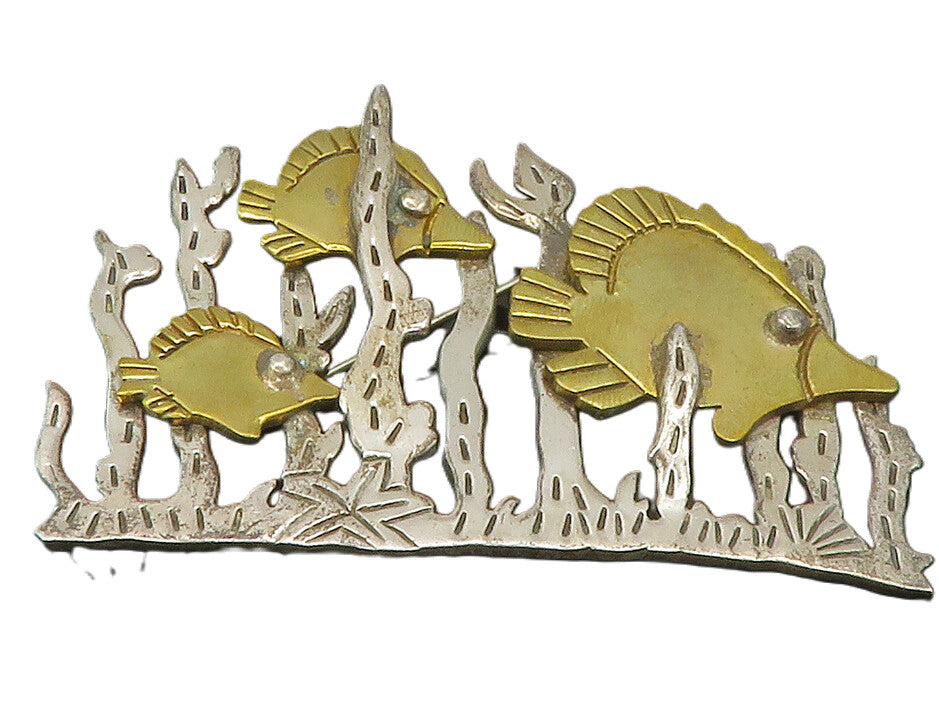 MEXICO 925 Silver  Vintage Two Tone Underwater Fish Scene Brooch Pin  BP4919