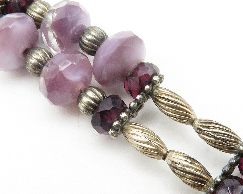 925 Sterling Silver  Vintage Amethyst Beaded Pattern Chain Bracelet  BT5071