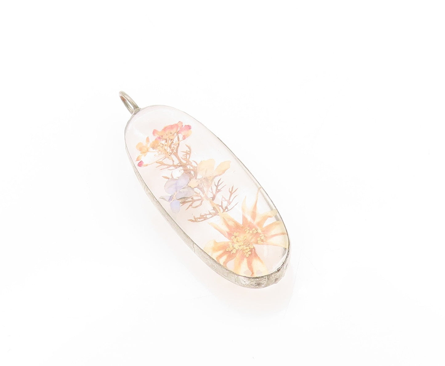 925 Sterling Silver Vintage Pendant Modernist Floating Pressed Flowers  PT24212