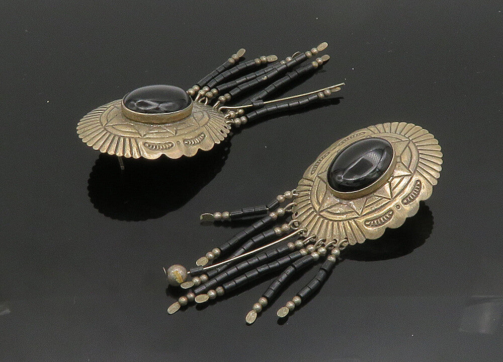 NAVAJO 925 Sterling Silver  Vintage Cabochon Black Onyx Drop Earrings  EG9867