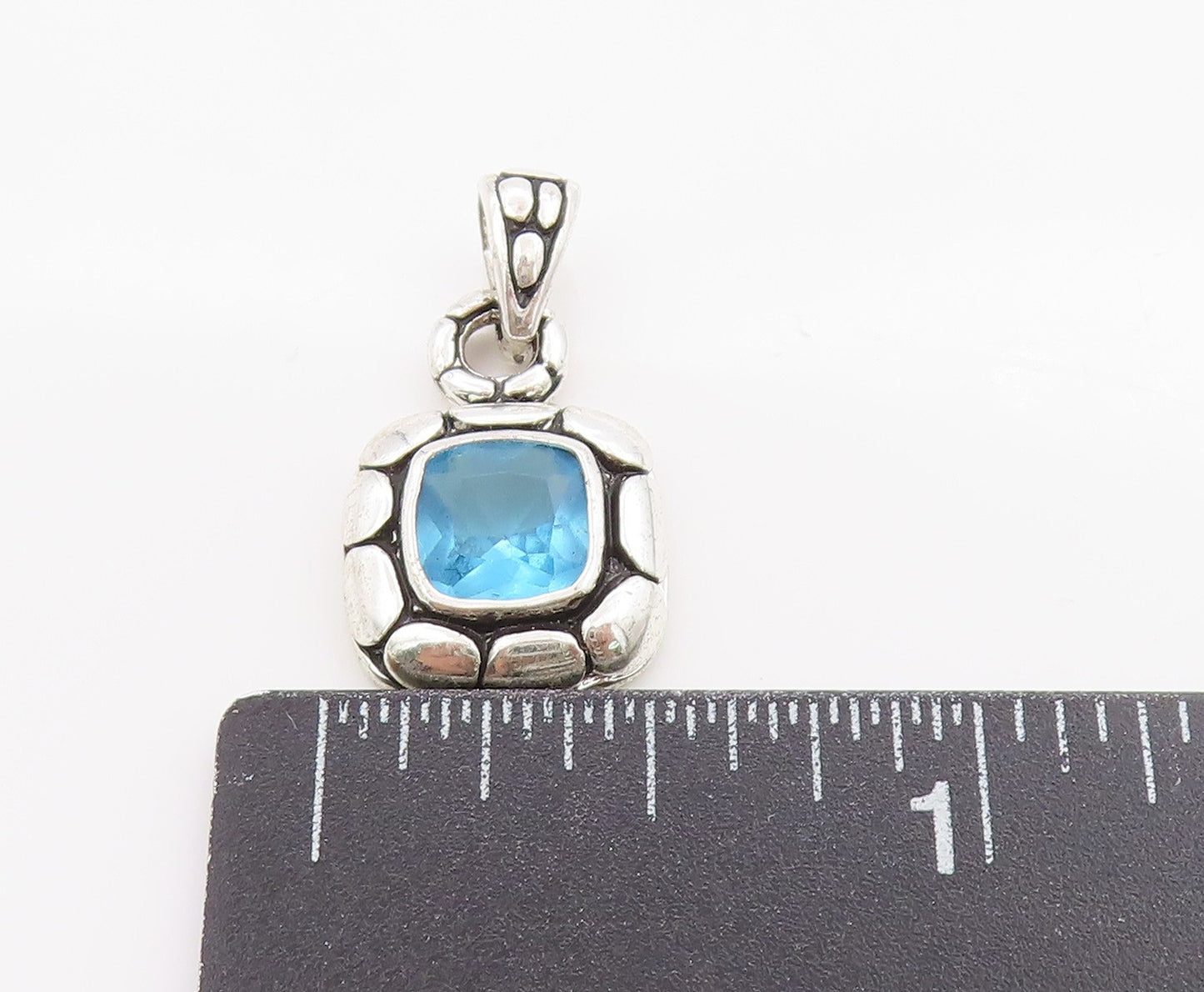 925 Sterling Silver Vintage Pendant Blue Topaz Pebbled Geometric Charm  PT25042
